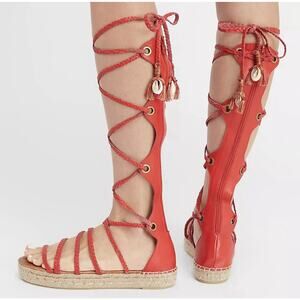 FREE PEOPLE Red Braided Leather Bondi Tall Gladiator Espadrilles Sandals